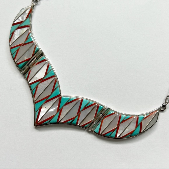 Vintage Signed Zuni Turquoise Mother Pearl Coral Inlay Sterling Silver Necklace - Picture 8 of 15
